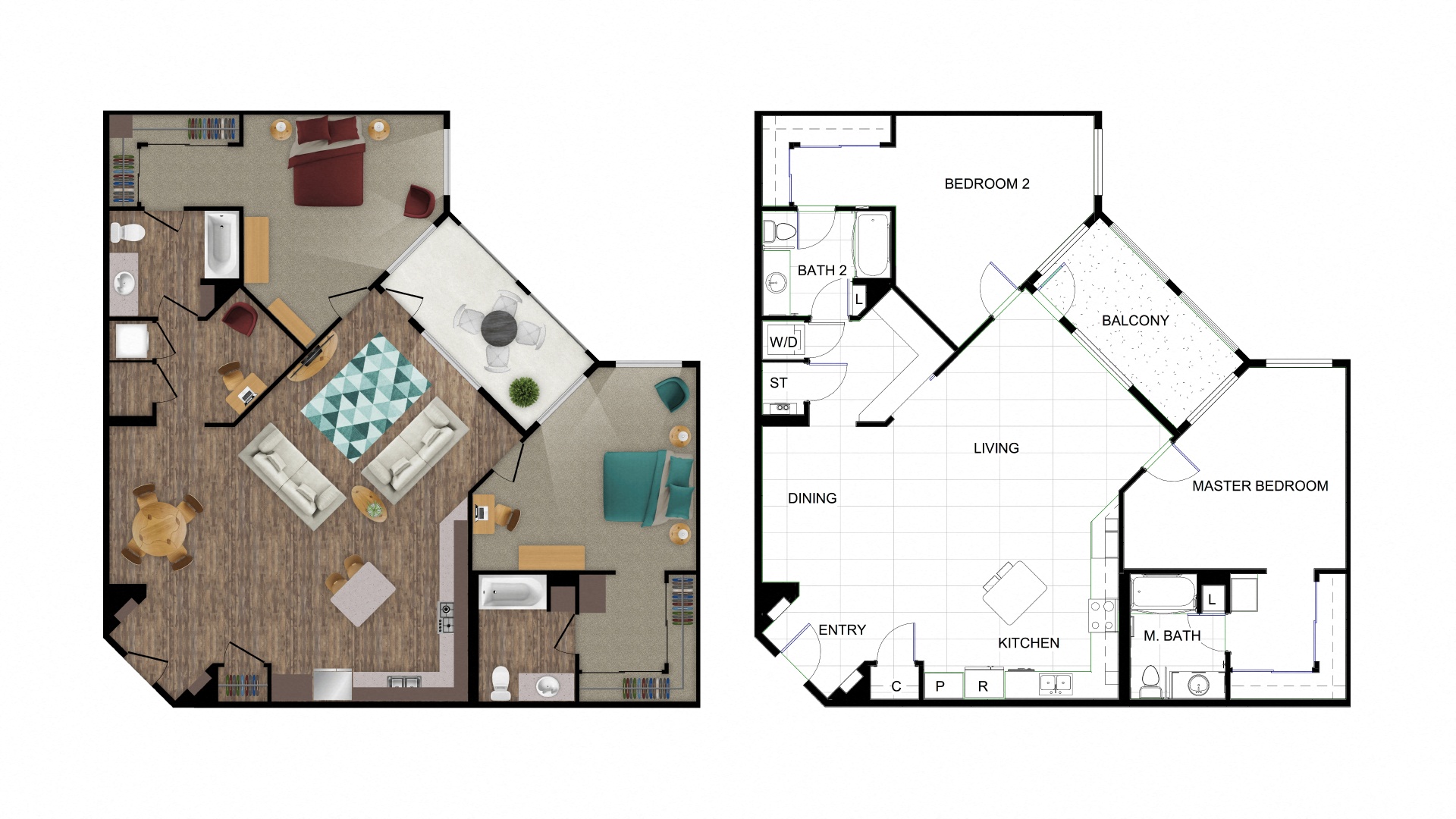 Floor plan for 2 beds, 2 baths, 1740 sqft